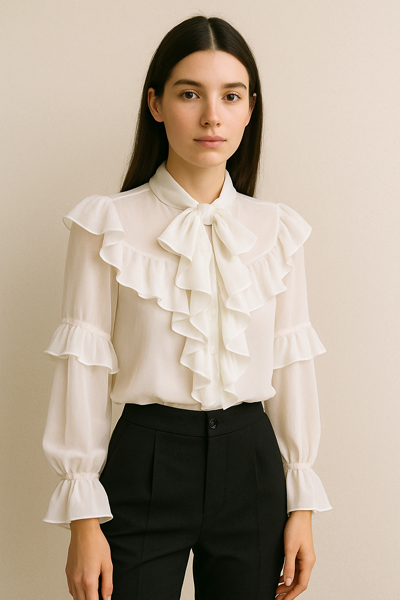 camicia con rifinitura volant realizzata con orlo con rullino