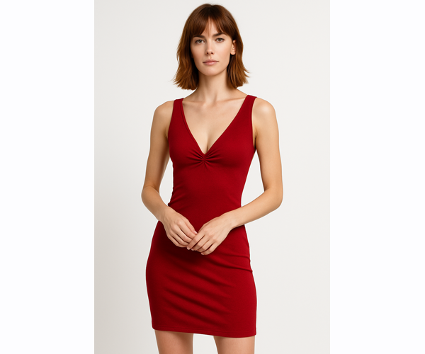 abito rosso con scollatura a V